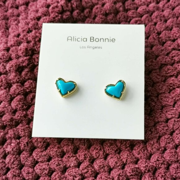 Alicia Bonnie Gold Turquoise Blue Magnesite in Love Heart Stud Earrings NEW - Picture 1 of 3